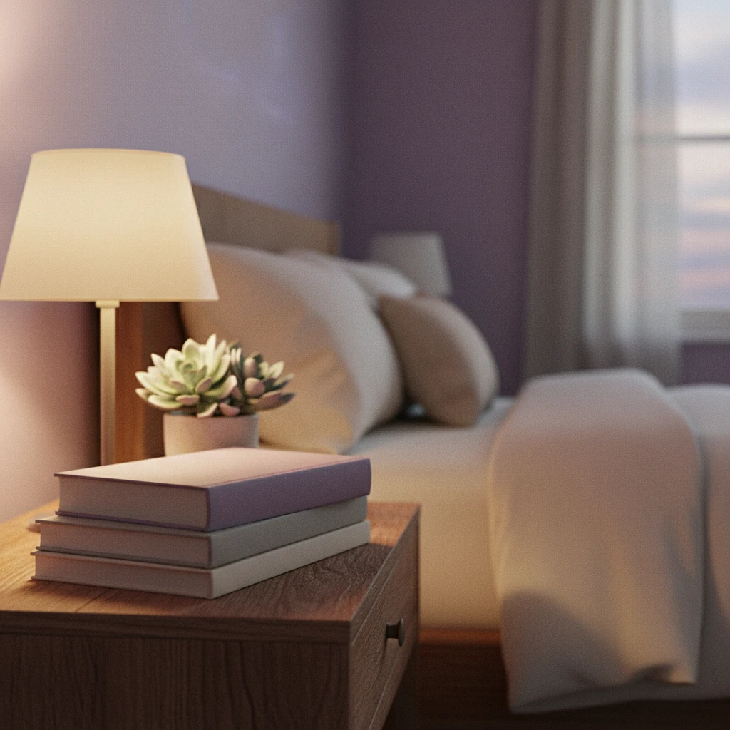 Stapel boeken en een kleine plantje op een houten nachtkastje met zachte lampverlichting