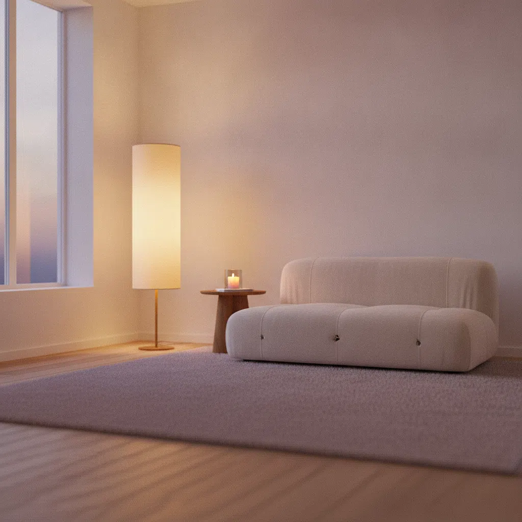 Warme staanlamp in de hoek van een minimalistische woonkamer met een zachte vloerkleed