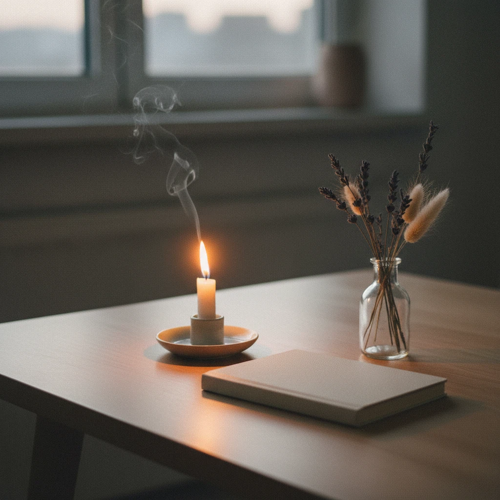 Minimalistisch bureau met een brandende kaars, een klein notitieboekje en een glazen vaasje met droogbloemen