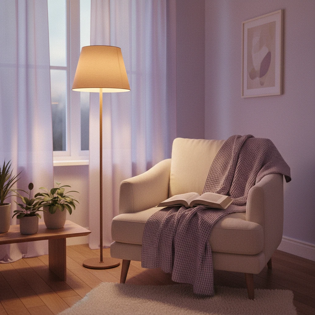 Gedimde staande lamp naast een comfortabele leunstoel met een open boek in een rustige woonkamer