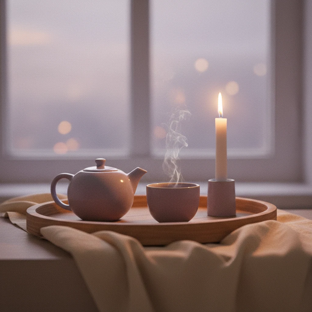 Kleine keramische theepot met dampende kop thee op een houten dienblad naast een kaars